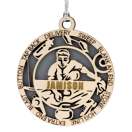 Personalized 3" Male Curling Ornament, Icon Border