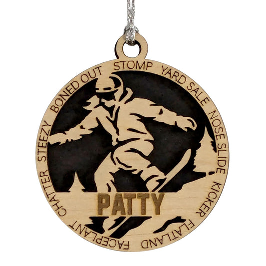Handmade 3" Custom Name Female Snowboarder Ornament