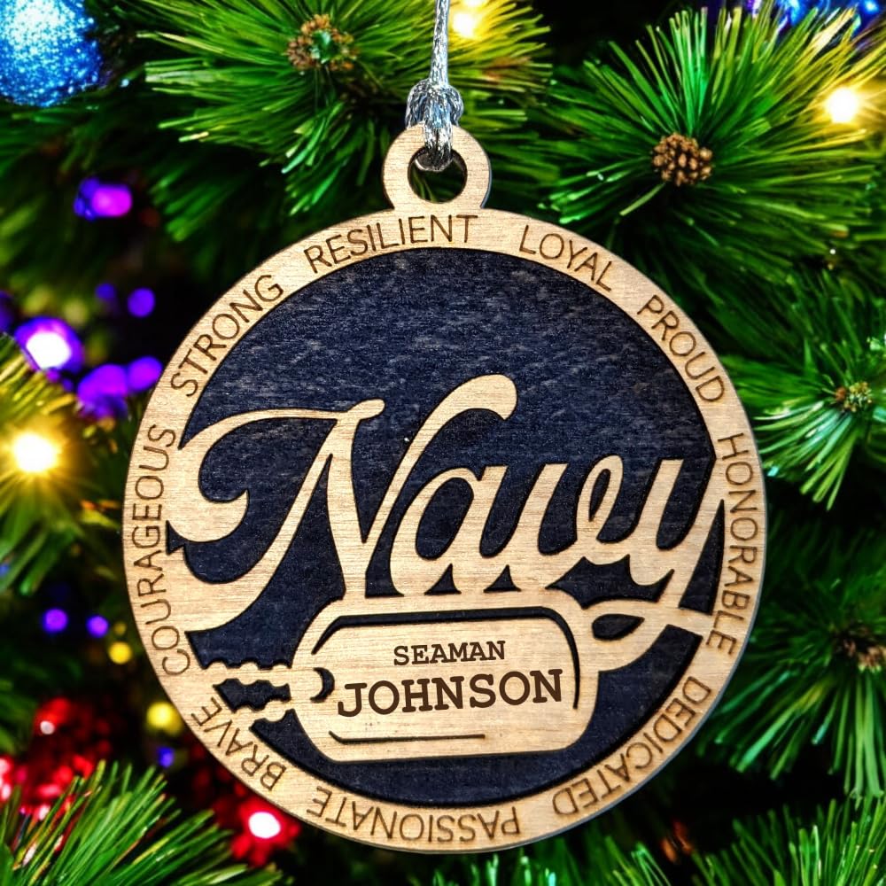 3" Navy Script Ornament, Dog Tag, Custom Border