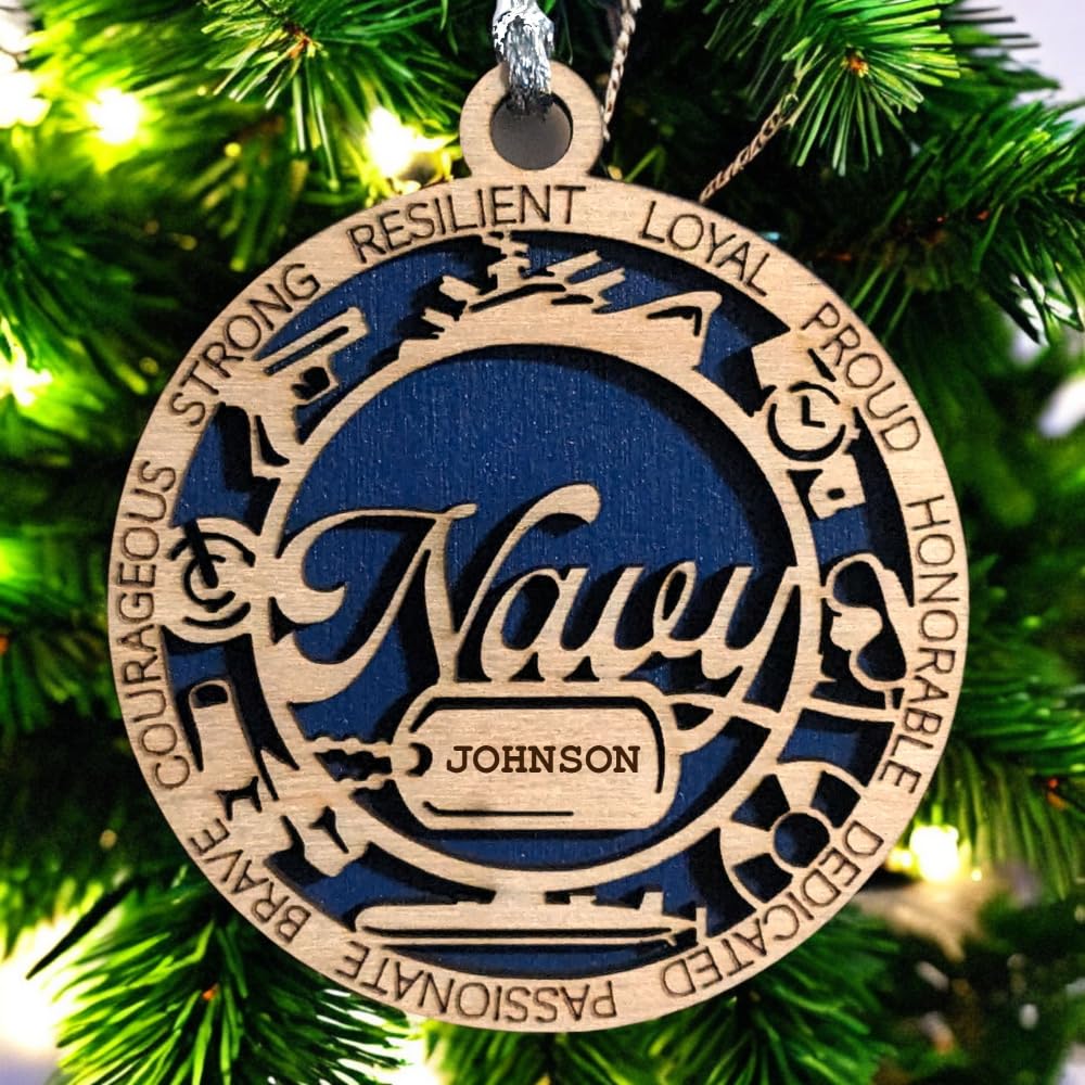 3" Navy Script Ornament, Icons, Dog Tag, Custom Border