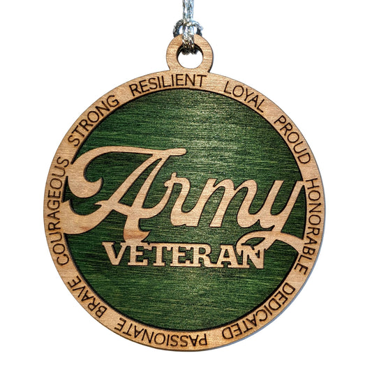 3" Army Veteran Script Wood Ornament