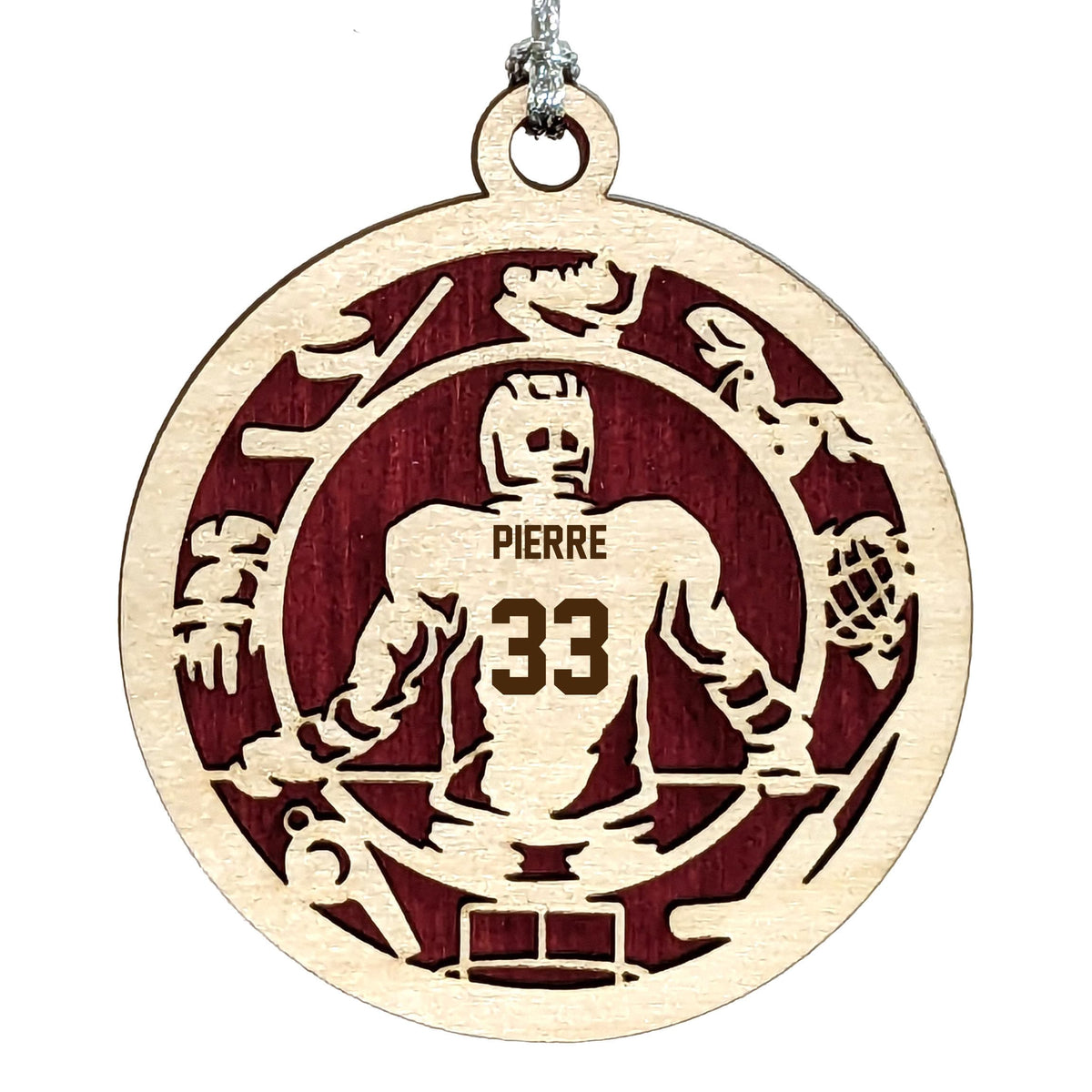 Personalized 3" Male Hockey Icon Border Wood Ornament