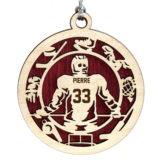 Personalized 3" Male Hockey Icon Border Wood Ornament