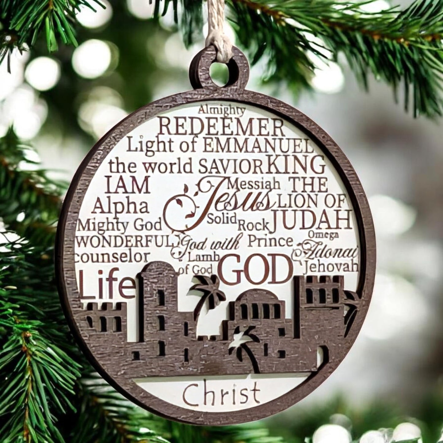 3" Names of Jesus Bethlehem Skyline Wood Ornament