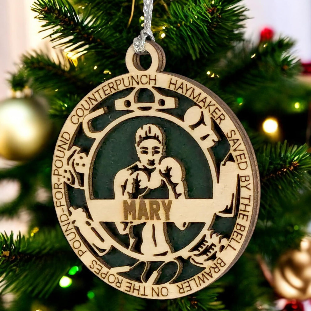 3" Custom Female Boxer Icons Wood Ornament