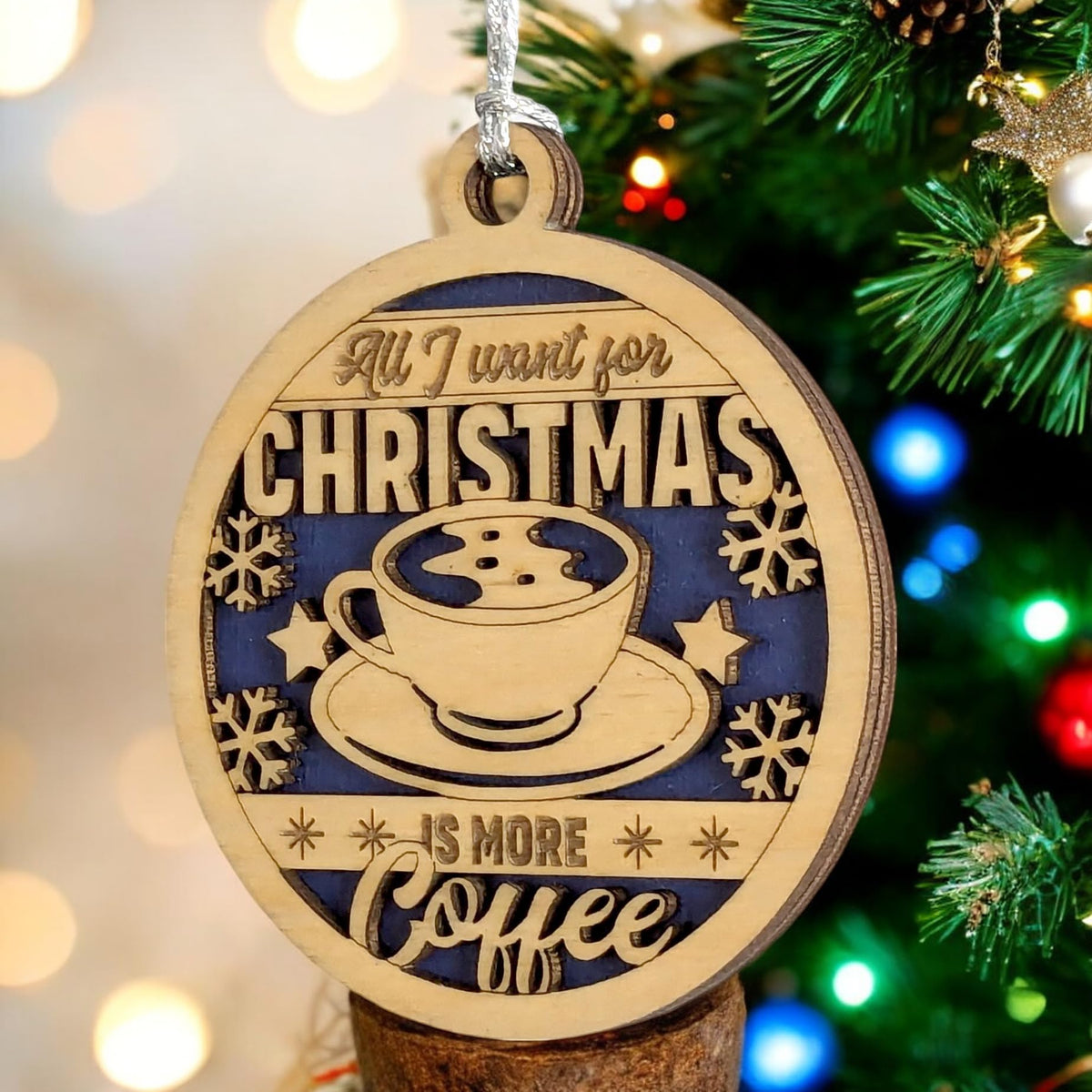 Humorous Coffee-Themed 3" Wooden Christmas Ornament