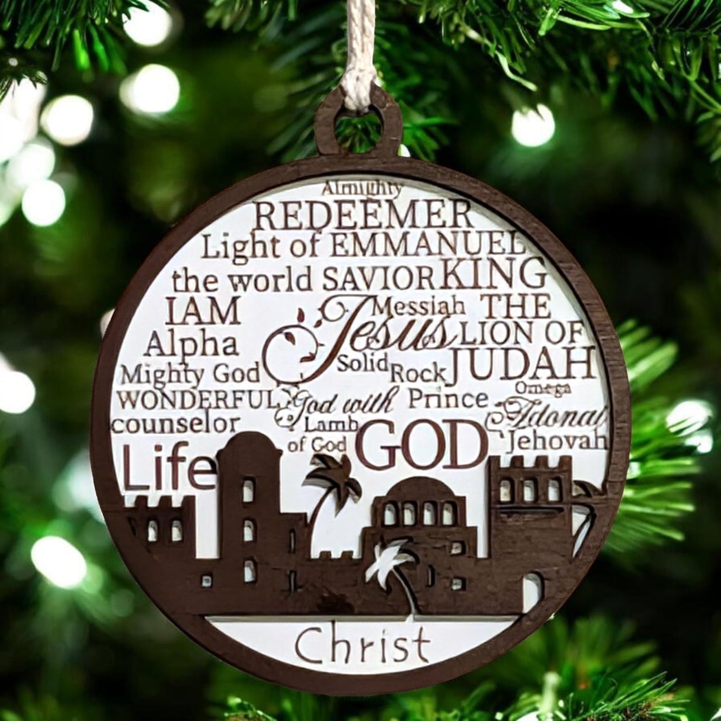 3" Names of Jesus Bethlehem Skyline Wood Ornament