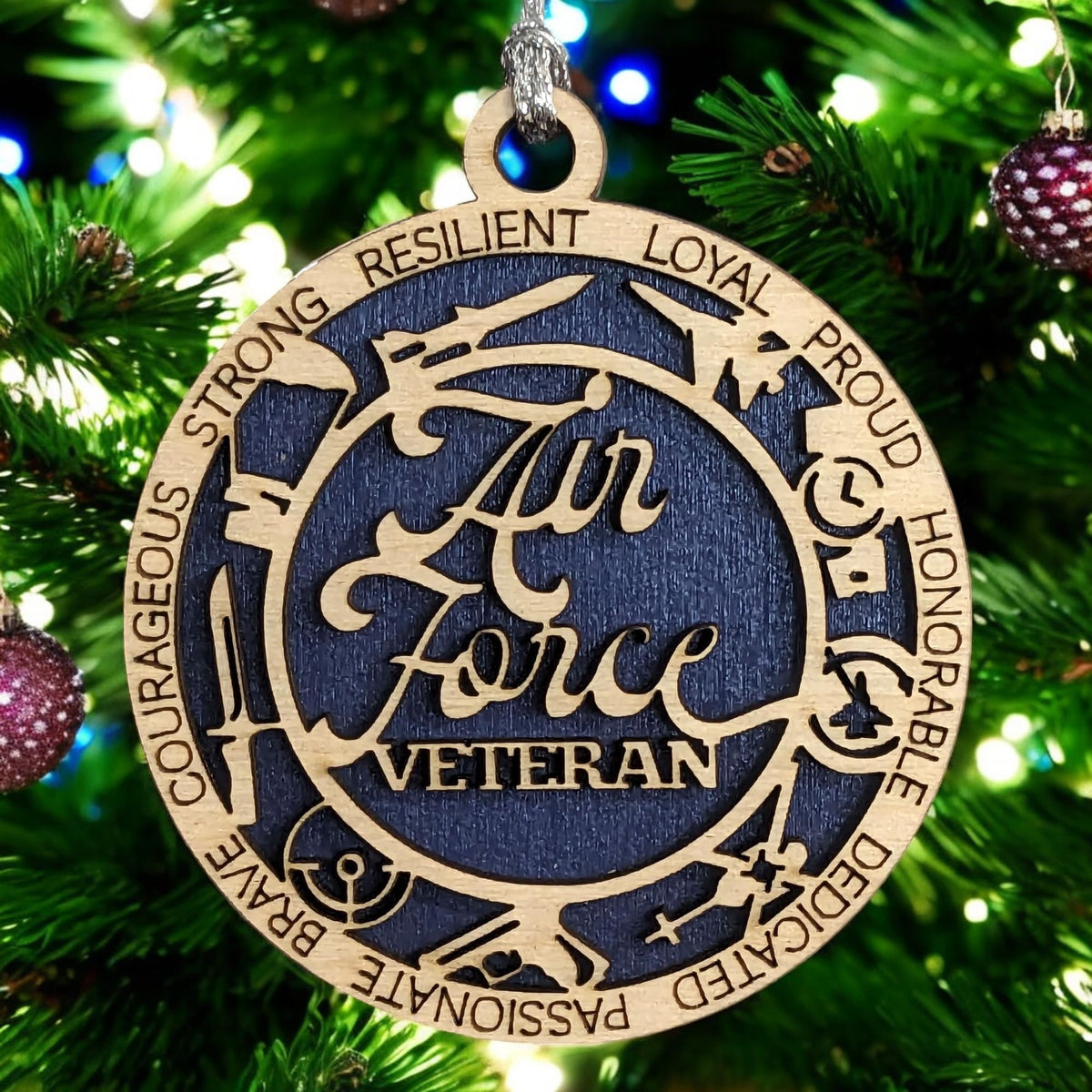 3" Air Force Veteran Script Ornament, Icons, Wood