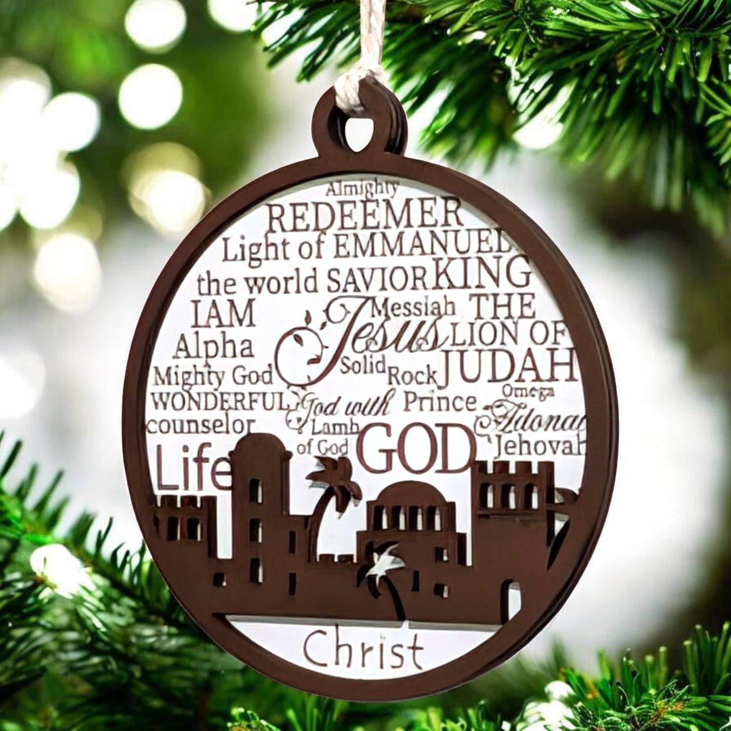 3" Names of Jesus Bethlehem Skyline Wood Ornament