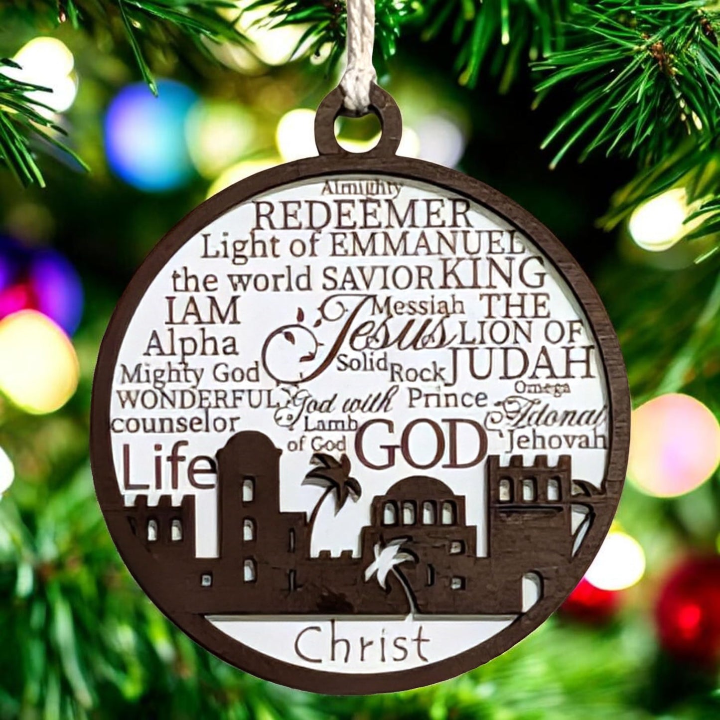 3" Names of Jesus Bethlehem Skyline Wood Ornament