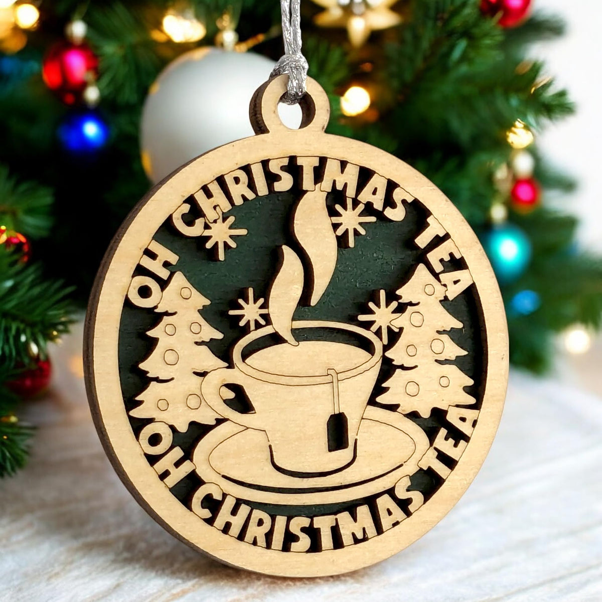 Oh Christmas Tea Cup Ornament, 3in Laser-Cut Wood Decor