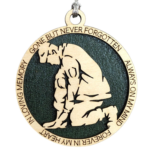 3" Army Kneeling Soldier Memorial Wood Ornament