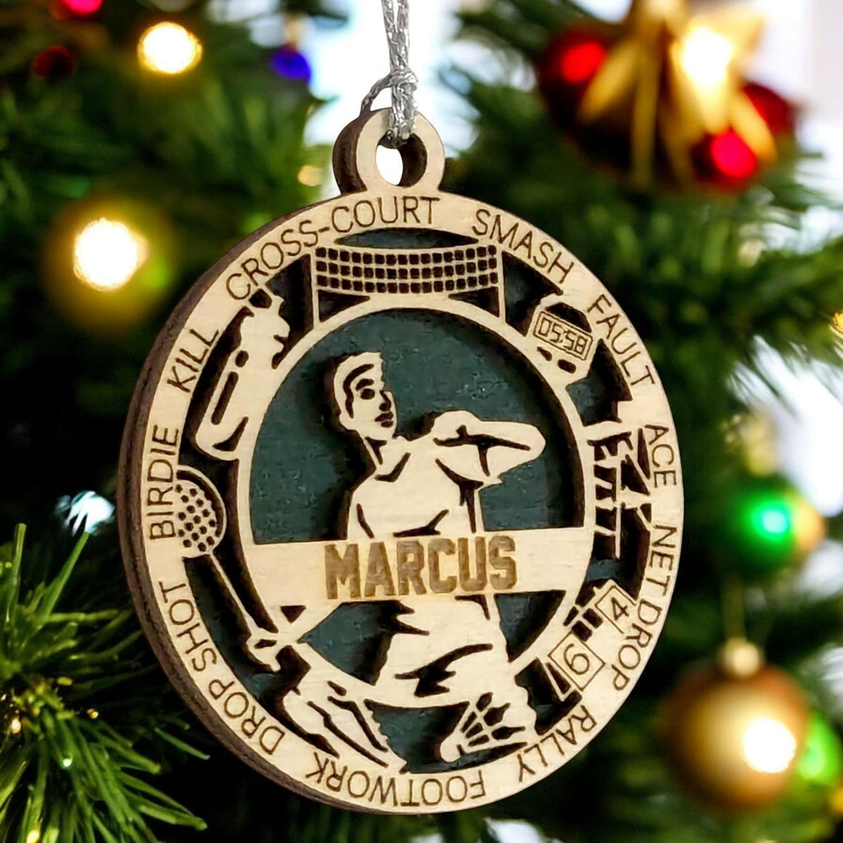 3" Personalized Badminton Icons Wood Ornament