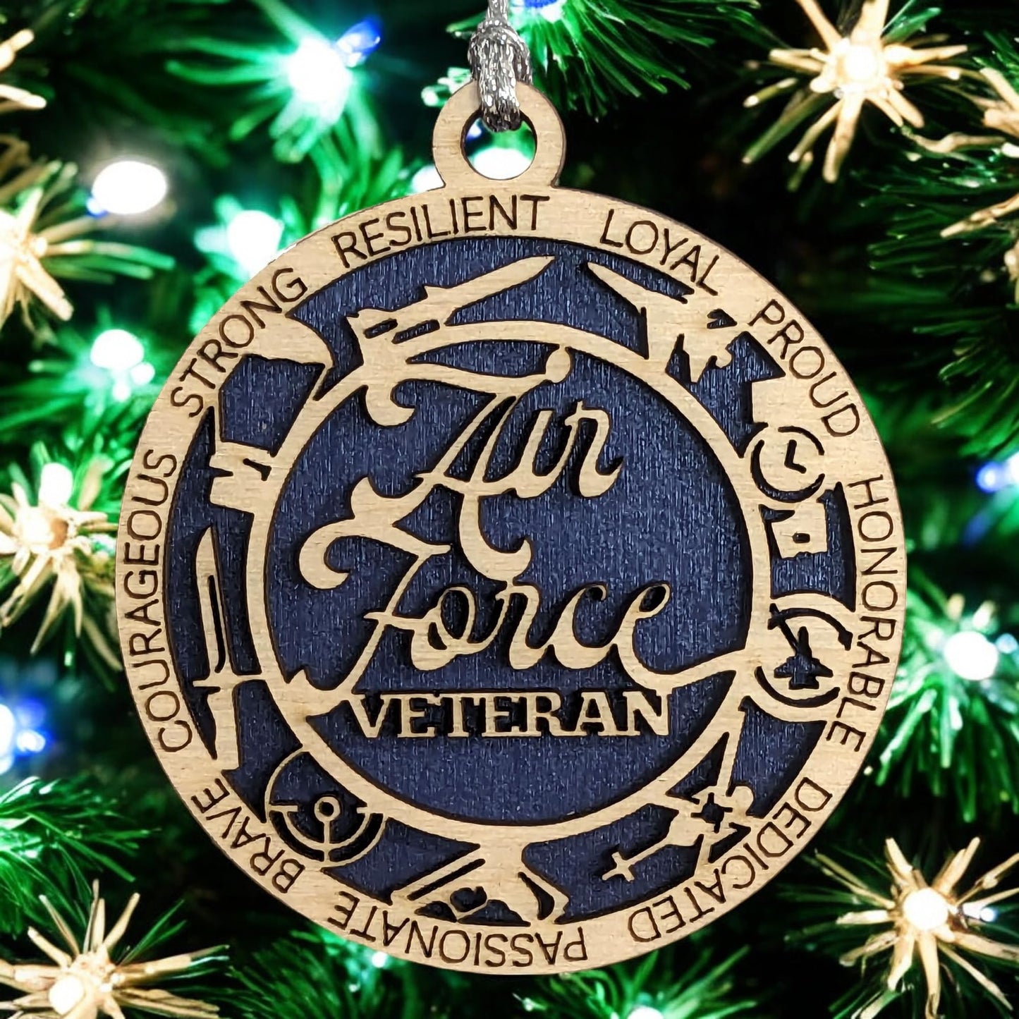 3" Air Force Veteran Script Ornament, Icons, Wood