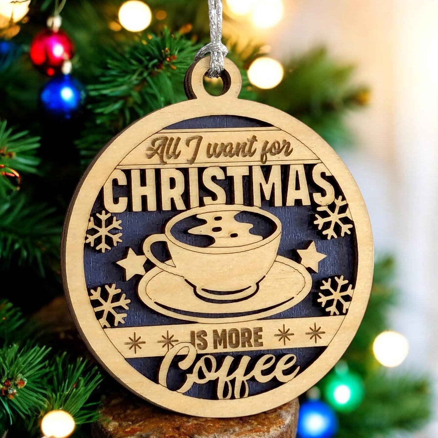 Humorous Coffee-Themed 3" Wooden Christmas Ornament