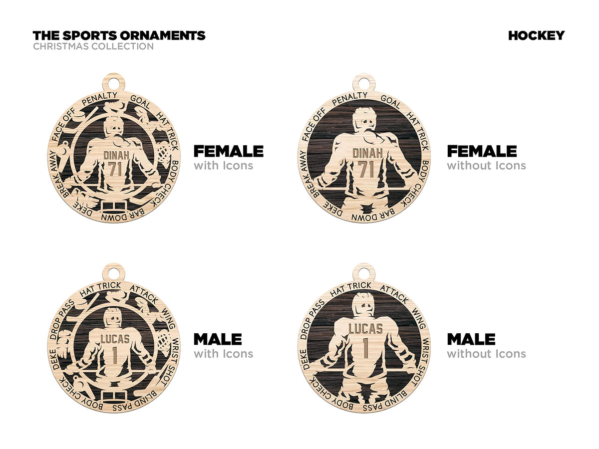Personalized 3" Male Hockey Icon Border Wood Ornament
