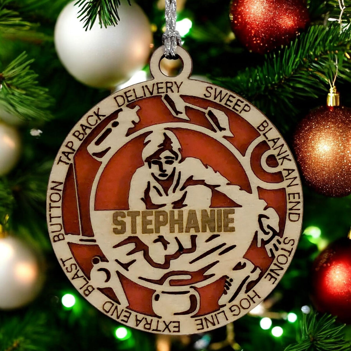 Personalized 3" Female Curling Ornament, Icon Border
