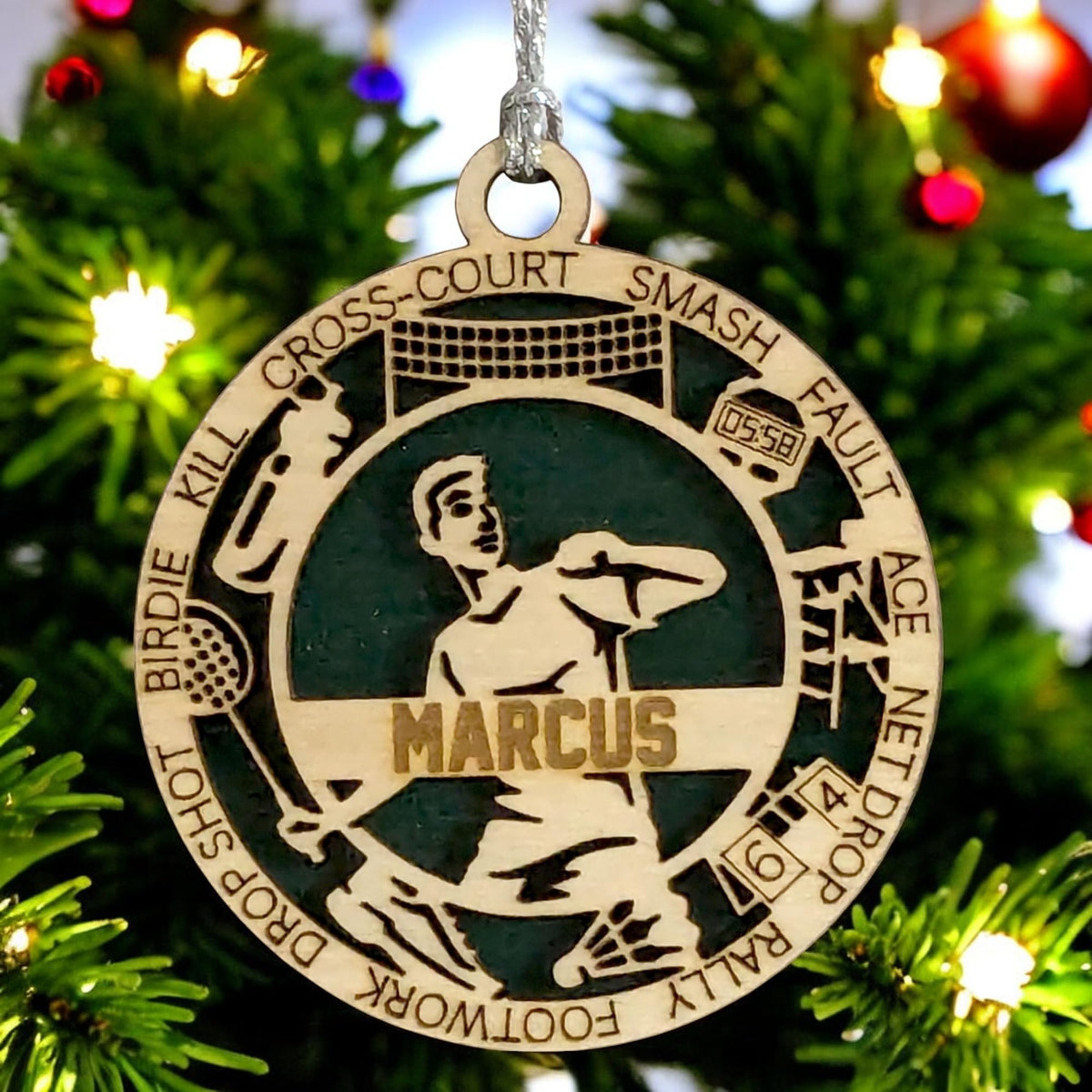 3" Personalized Badminton Icons Wood Ornament