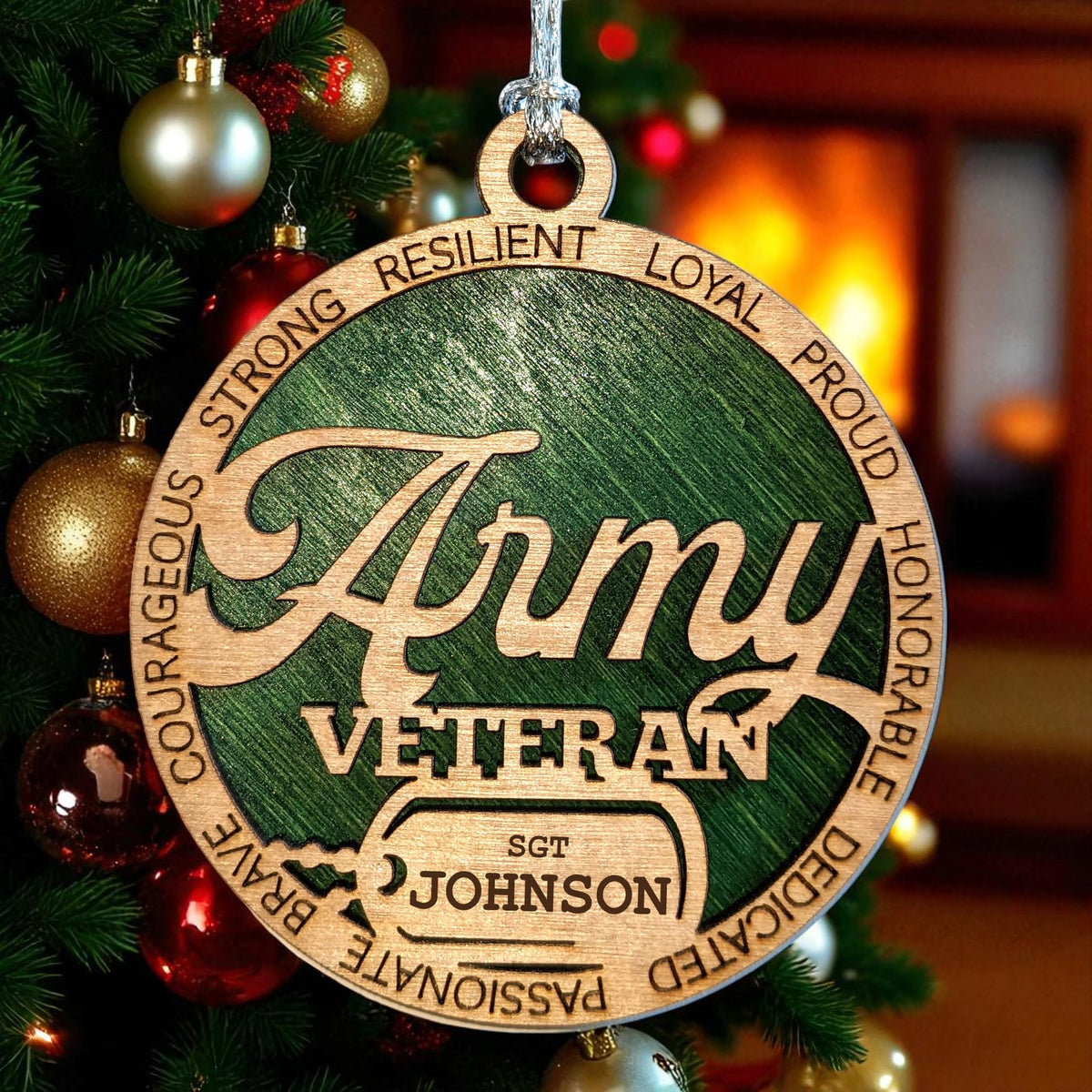 3" Army Veteran Script Ornament, Dog Tag, Custom Border