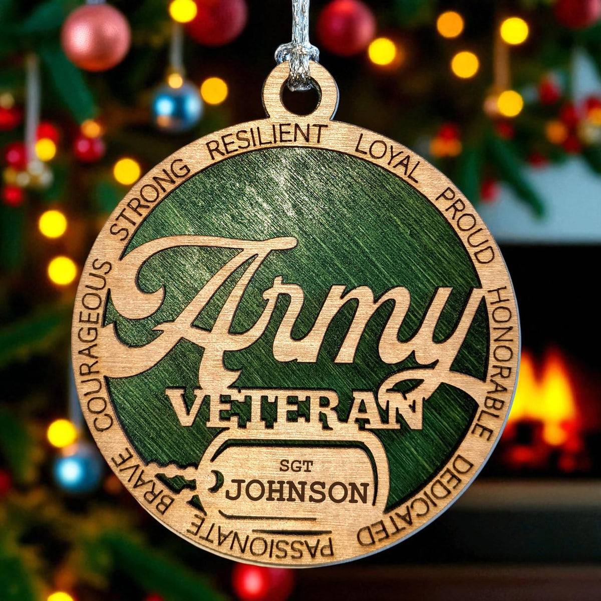 3" Army Veteran Script Ornament, Dog Tag, Custom Border