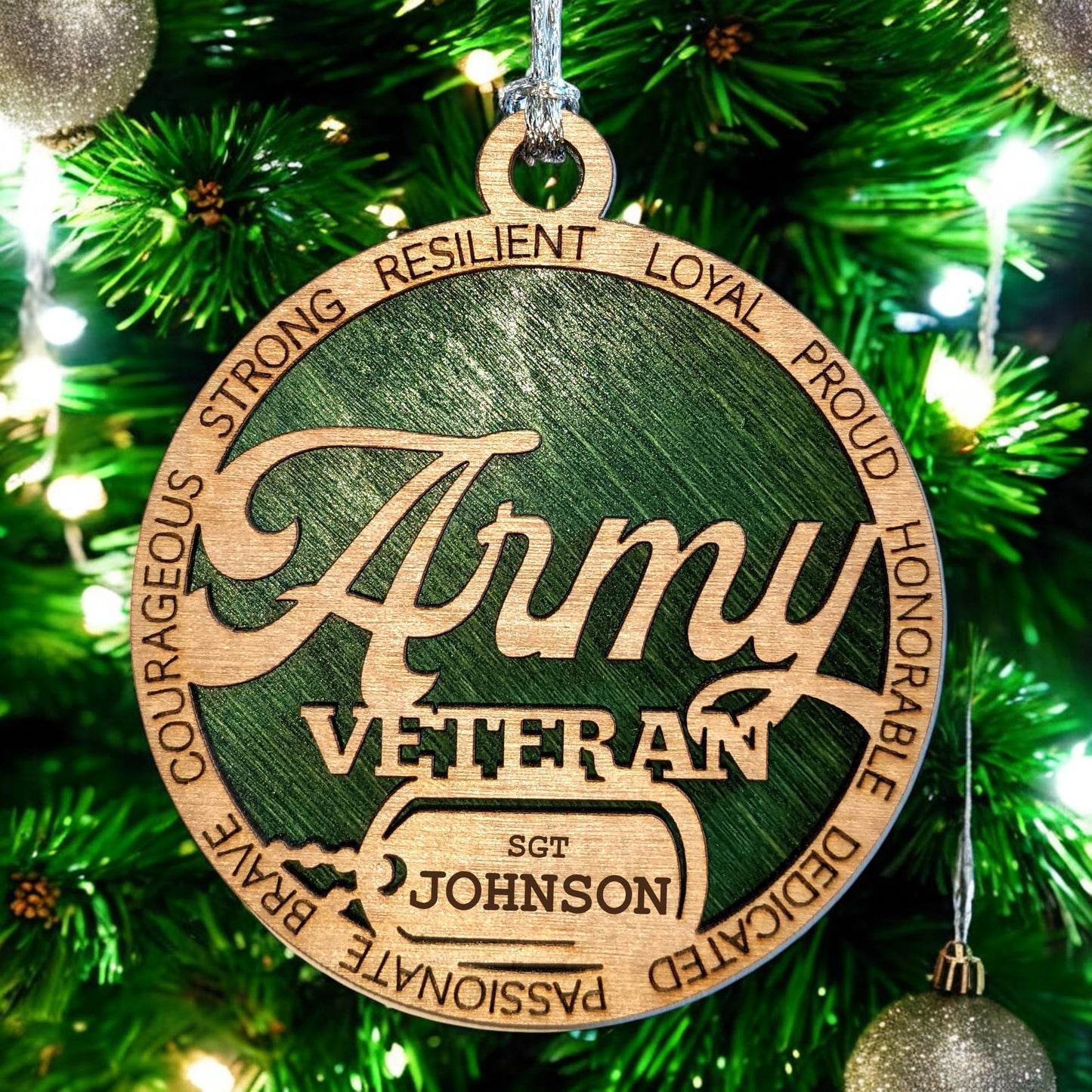3" Army Veteran Script Ornament, Dog Tag, Custom Border
