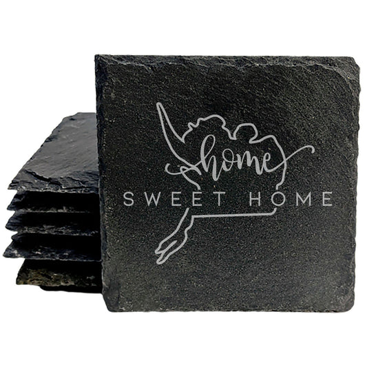 Rustic Slate Coasters Set of 4, Round 4" with 'Home Sweet Home' Alaska Design, Perfect for Holidays, Birthdays, Housewarming Gifts, Made in Oregon, USA, Natural Chipped Edge, Rubber Feet