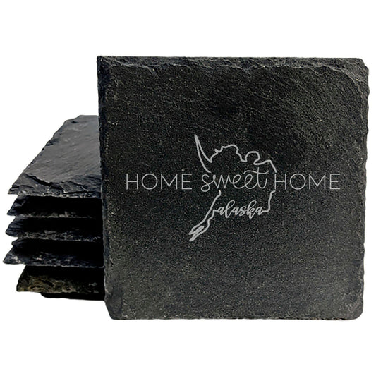 Rustic Slate Coasters Set of 4, Round 4" with 'Home Sweet Home' Alaska Design, Perfect Gift for Holidays, Birthdays, Housewarming, She-Shed, Man Cave, Made in Oregon, USA, Natural Chipped Edge