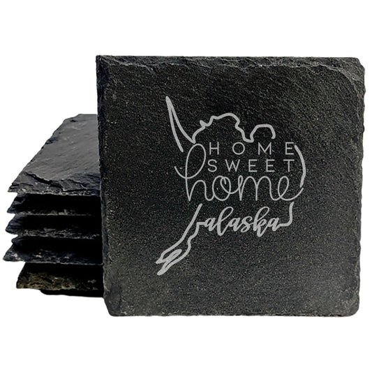 Rustic Slate Coasters Set of 4 - Round 4" with Alaska Design, 'Home Sweet Home' - Perfect Gift for Holidays, Birthdays, Housewarming - Made in Oregon, USA - Natural Chipped Edge, Rubber Feet