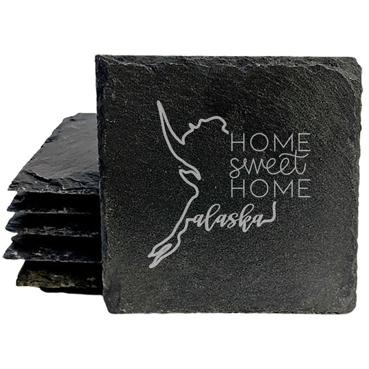 Rustic Slate Coasters Set of 4 - Round 4" with Alaska Design, 'Home Sweet Home' - Perfect Gift for Holidays, Birthdays, Housewarming - Made in Oregon, USA - Natural Chipped Edge, Rubber Feet
