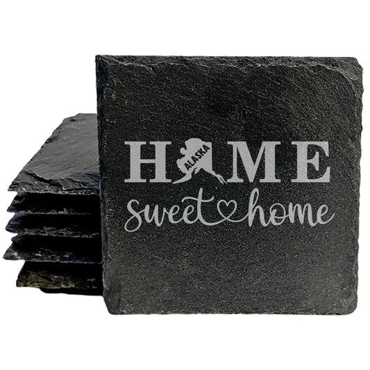 Rustic Slate Coasters Set of 4, Round 4" with 'HOME SWEET HOME' Alaska Design, Perfect for Holidays, Birthdays, Housewarming Gifts, She-Shed or Man Cave, Made in Oregon, USA, Natural Chipped Edge