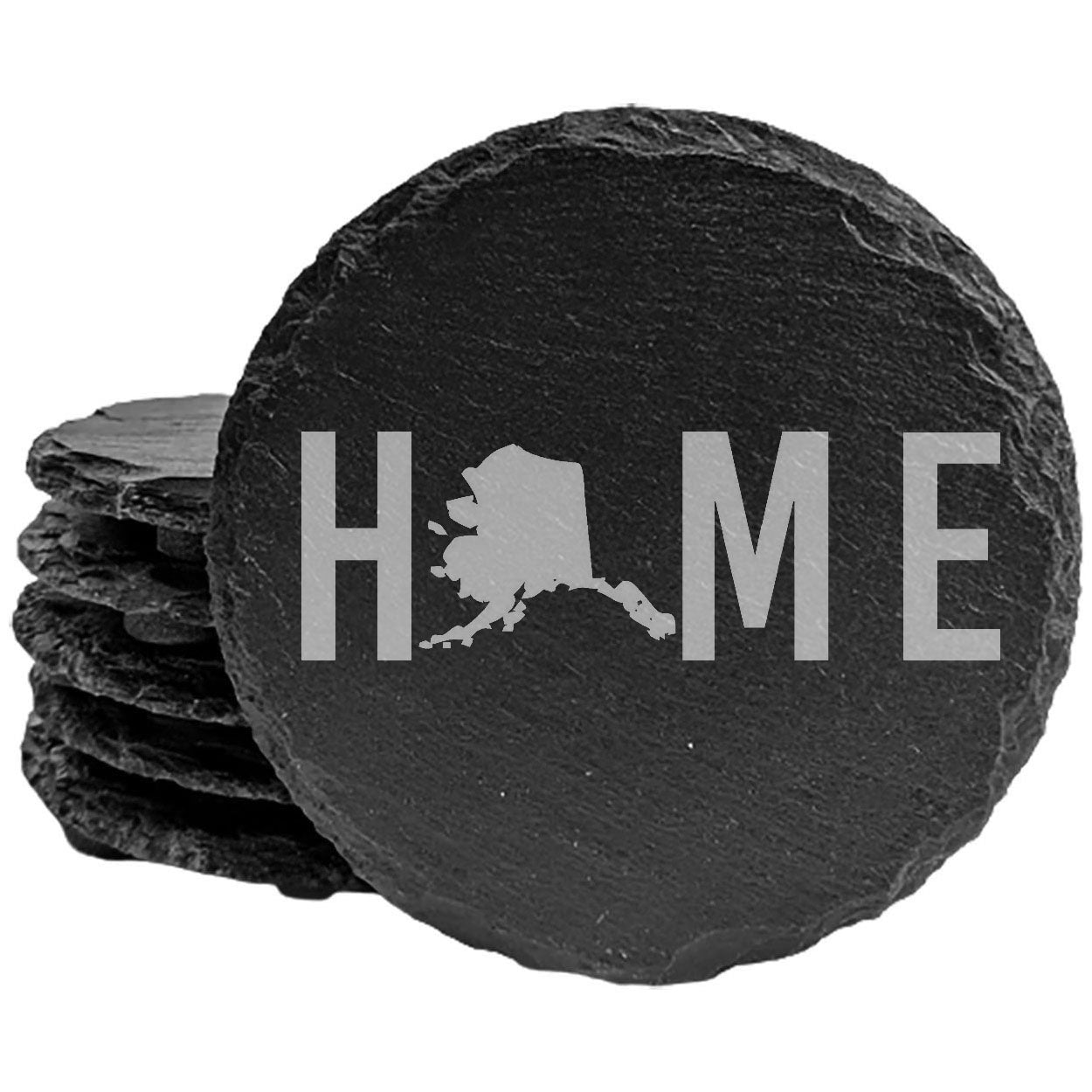 Rustic Slate Coasters Set of 4 - Laser Etched 'HOME' Design with Alaska State - Perfect Gift for Holidays, Birthdays, Housewarming - 4" Round, Natural Chipped Edge, Rubber Feet - Made in USA