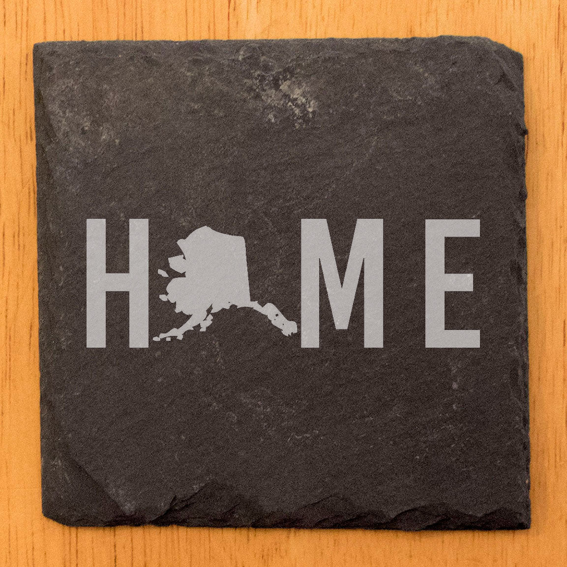 Rustic Slate Coasters Set of 4 - Laser Etched 'HOME' Design with Alaska State - Perfect Gift for Holidays, Birthdays, Housewarming - 4" Round, Natural Chipped Edge, Rubber Feet - Made in USA