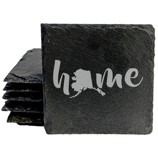 Rustic Slate Coasters Set of 4 - Laser Etched 'Home' Design with Alaska State - Perfect Gift for Holidays, Birthdays, Housewarming - 4" Round/Square - Made in Oregon, USA - Natural Chipped Edge