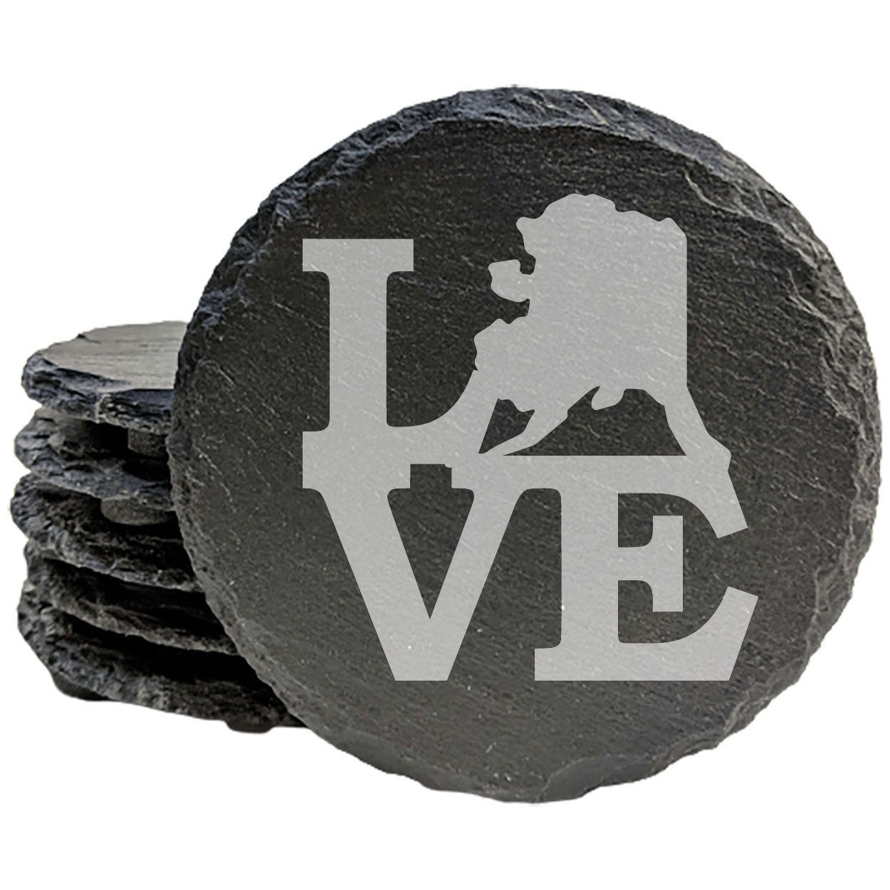 Rustic Slate Coasters Set of 4, Laser Etched 'LOVE' Design with Alaska, 4" Round, Natural Chipped Edge, Rubber Feet, Perfect Gift for Holidays, Birthdays, Housewarming, Made in Oregon, USA