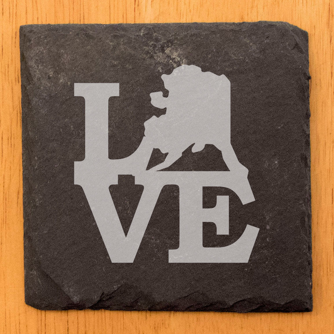 Rustic Slate Coasters Set of 4, Laser Etched 'LOVE' Design with Alaska, 4" Round, Natural Chipped Edge, Rubber Feet, Perfect Gift for Holidays, Birthdays, Housewarming, Made in Oregon, USA