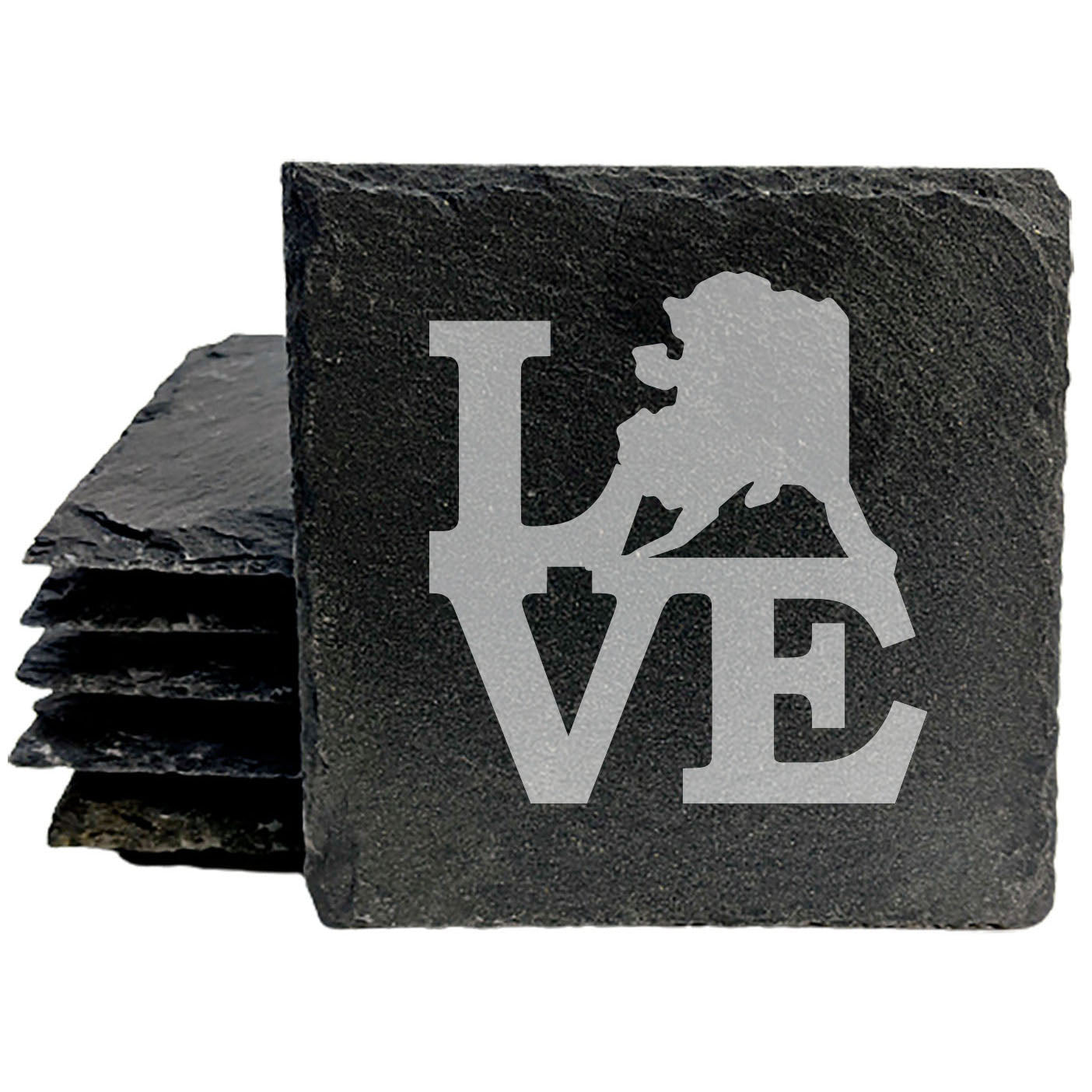 Rustic Slate Coasters Set of 4, Laser Etched 'LOVE' Design with Alaska, 4" Round, Natural Chipped Edge, Rubber Feet, Perfect Gift for Holidays, Birthdays, Housewarming, Made in Oregon, USA