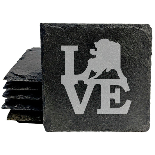 Rustic Slate Coasters Set of 4, Laser Etched 'LOVE' Design with Alaska, 4" Round, Natural Chipped Edge, Rubber Feet, Perfect Gift for Holidays, Birthdays, Housewarming, Made in Oregon, USA