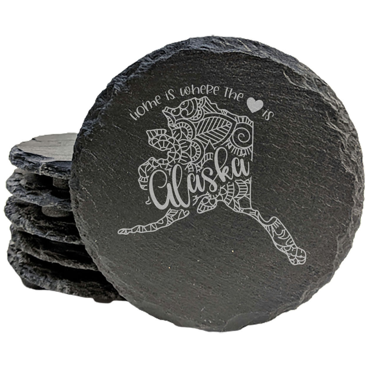 Rustic Slate Coasters Set of 4, Round 4" with Alaska Mandala Design, 'Home is Where the Heart Is' Quote, Perfect Gift for Holidays, Birthdays, Housewarming, Made in Oregon, USA, Small Business