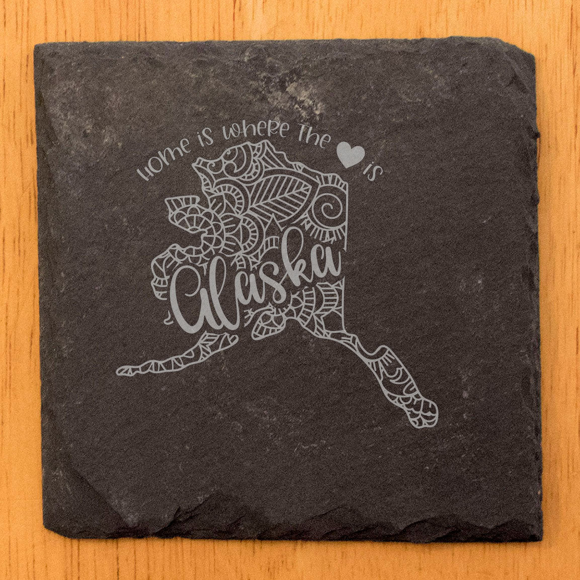Rustic Slate Coasters Set of 4, Round 4" with Alaska Mandala Design, 'Home is Where the Heart Is' Quote, Perfect Gift for Holidays, Birthdays, Housewarming, Made in Oregon, USA, Small Business