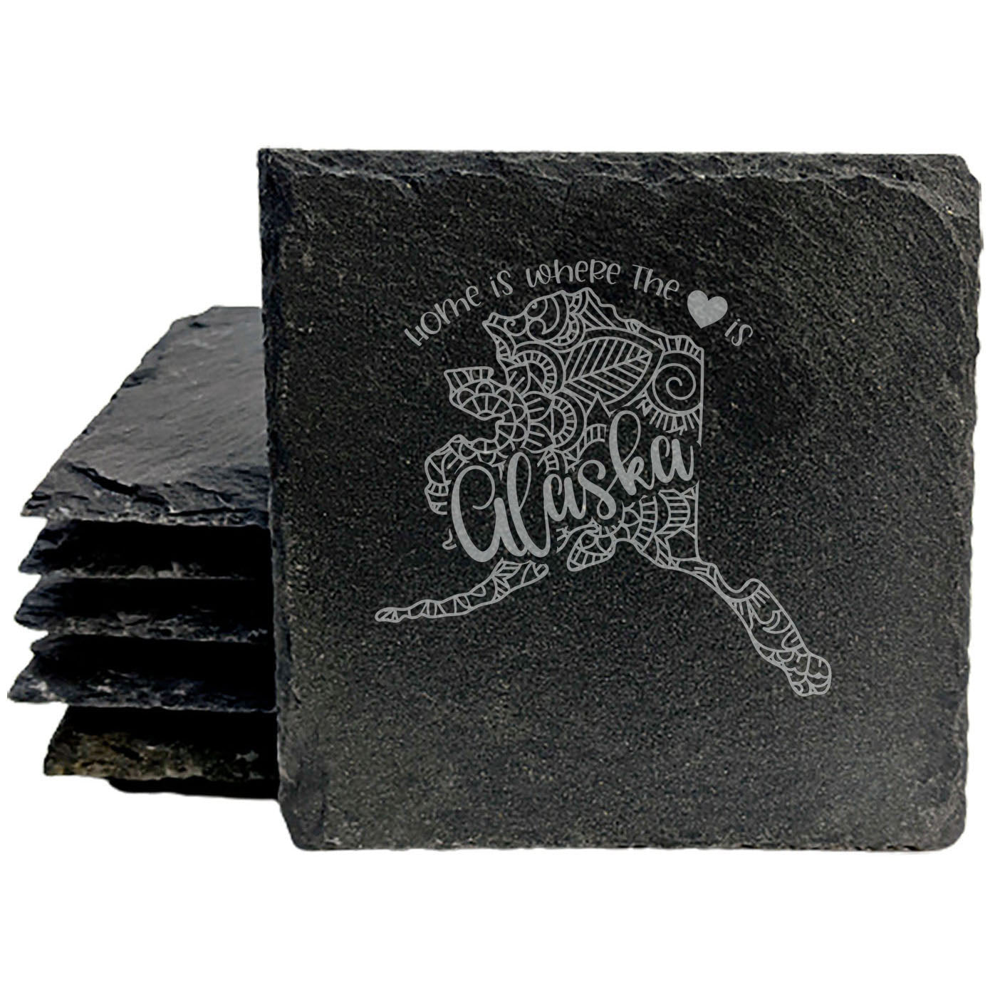 Rustic Slate Coasters Set of 4, Round 4" with Alaska Mandala Design, 'Home is Where the Heart Is' Quote, Perfect Gift for Holidays, Birthdays, Housewarming, Made in Oregon, USA, Small Business