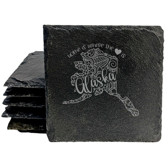 Rustic Slate Coasters Set of 4, Round 4" with Alaska Mandala Design, 'Home is Where the Heart Is' Quote, Perfect Gift for Holidays, Birthdays, Housewarming, Made in Oregon, USA, Small Business