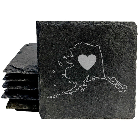 Rustic Slate Coasters Set of 4 - Round 4" with Alaska Heart Design, Laser Etched, Natural Chipped Edge, Rubber Feet,  - Perfect for Holidays, Birthdays, Housewarming - Made in USA