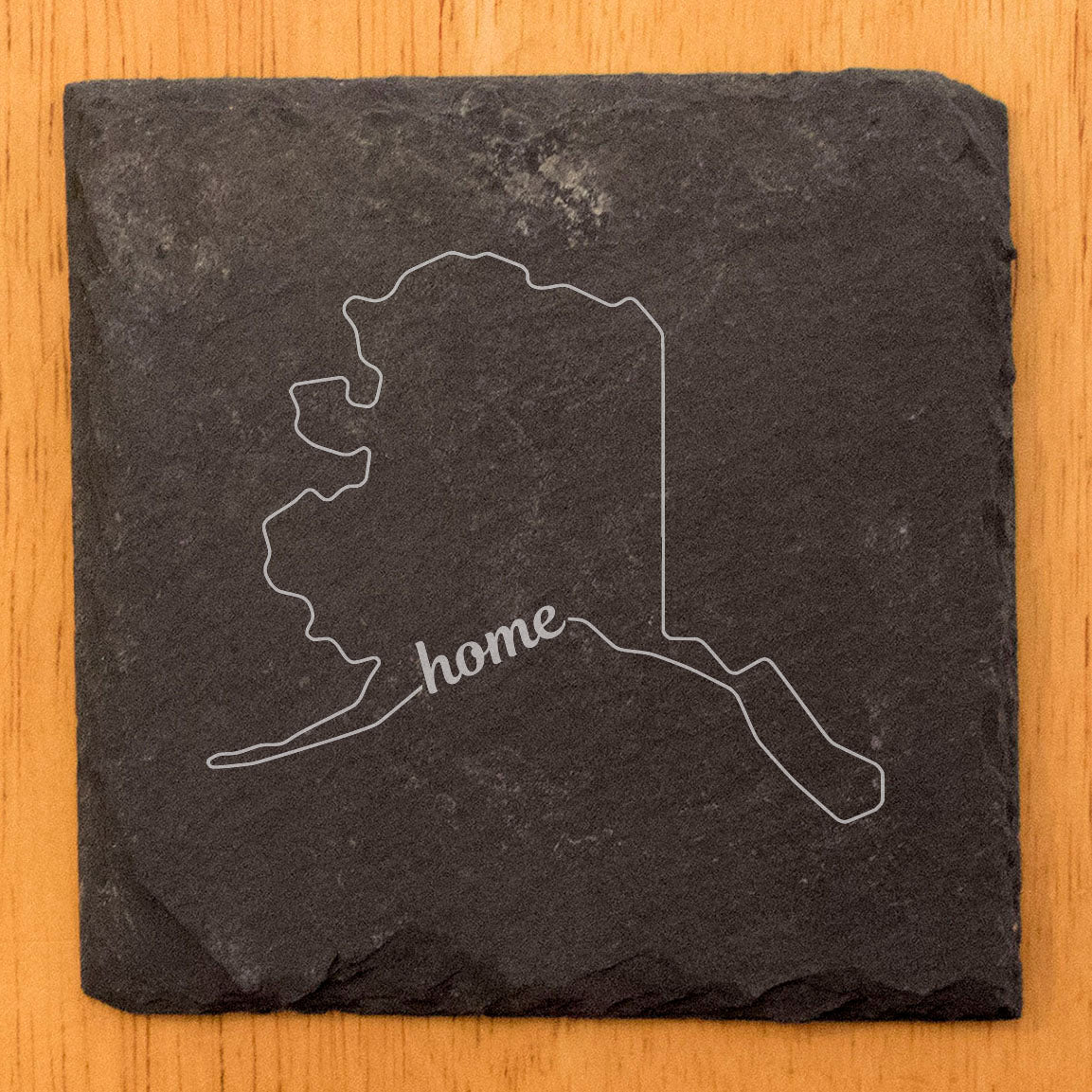 Rustic Slate Coasters Set of 4, Round 4" with Alaska 'Home' Design, Laser Etched, Perfect for Holidays, Birthdays, Housewarming Gifts, Made in Oregon, USA, Natural Chipped Edge, Rubber Feet