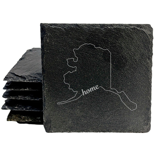 Rustic Slate Coasters Set of 4, Round 4" with Alaska 'Home' Design, Laser Etched, Perfect for Holidays, Birthdays, Housewarming Gifts, Made in Oregon, USA, Natural Chipped Edge, Rubber Feet