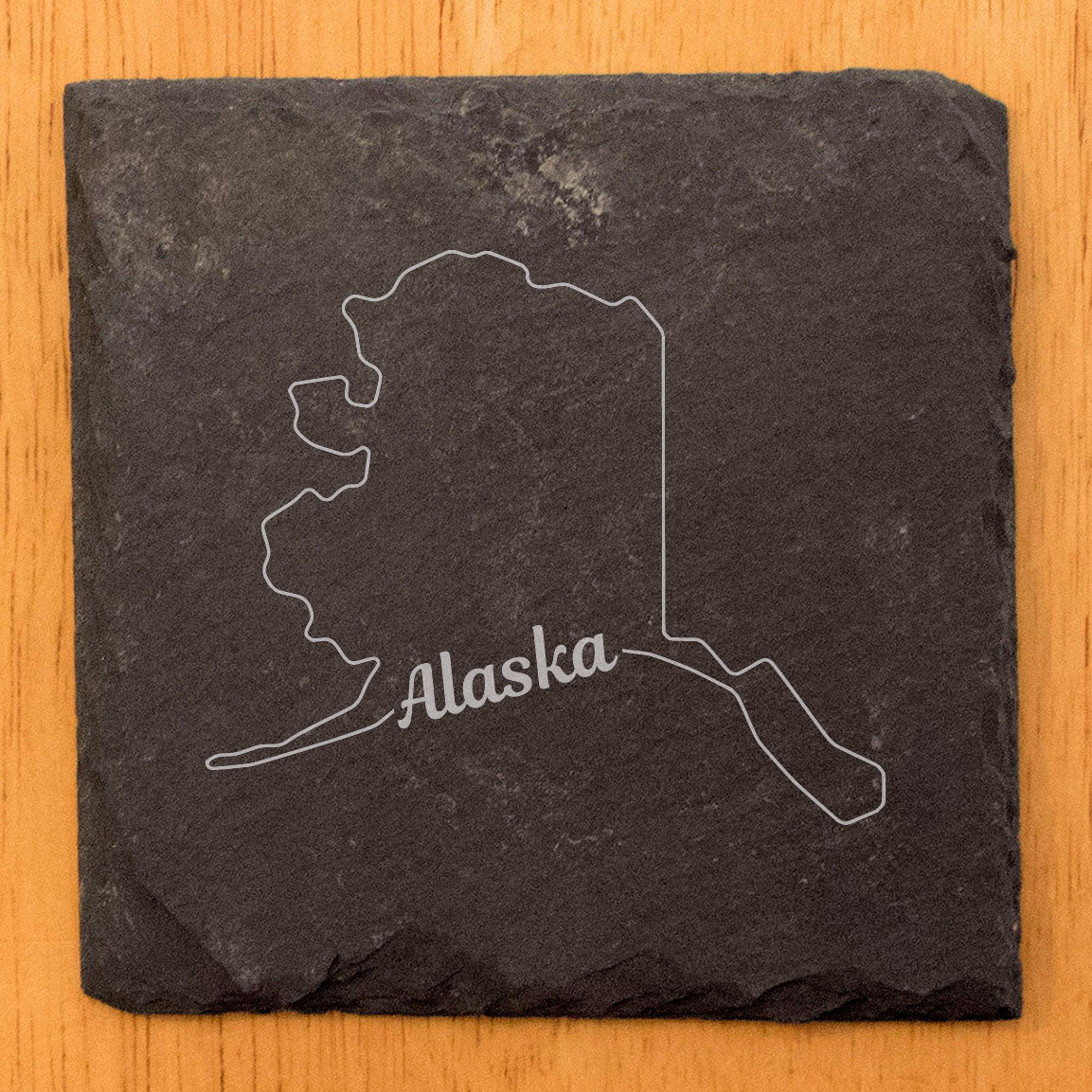 Rustic Slate Coasters Set of 4, Round 4" with Alaska State Outline Design, Perfect for Holidays, Birthdays, Housewarming Gifts, She-Shed or Man Cave, Made in Oregon, USA, Natural Chipped Edge