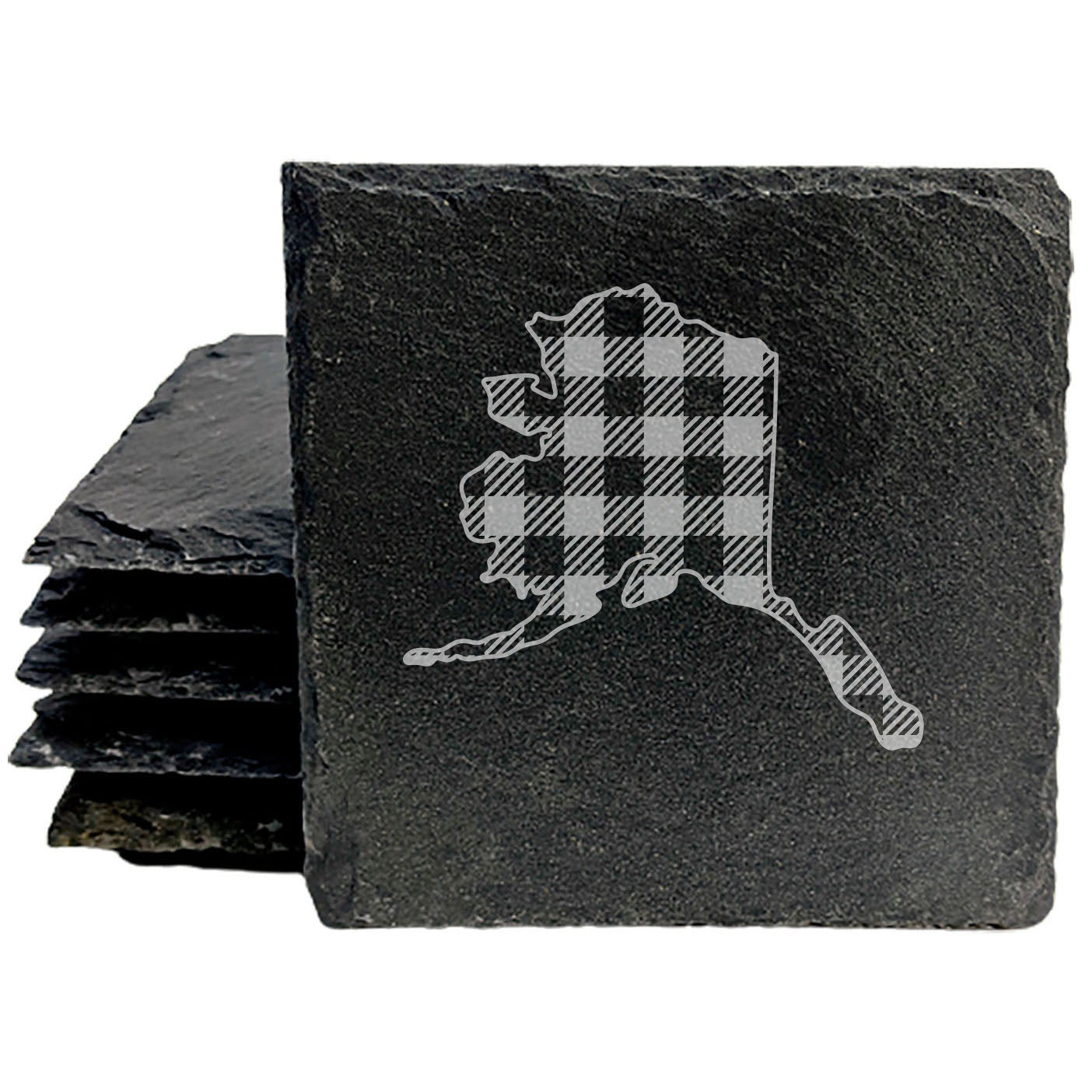 Rustic Slate Coasters Set of 4, Round 4" with Alaska Plaid Design, Perfect for Holidays, Birthdays, Housewarming Gifts, She-Shed or Man Cave Decor, Made in Oregon, USA, Natural Chipped Edge