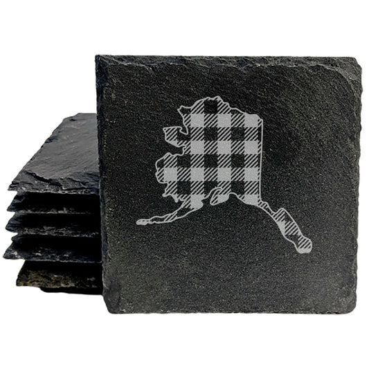 Rustic Slate Coasters Set of 4, Round 4" with Alaska Plaid Design, Perfect for Holidays, Birthdays, Housewarming Gifts, She-Shed or Man Cave Decor, Made in Oregon, USA, Natural Chipped Edge