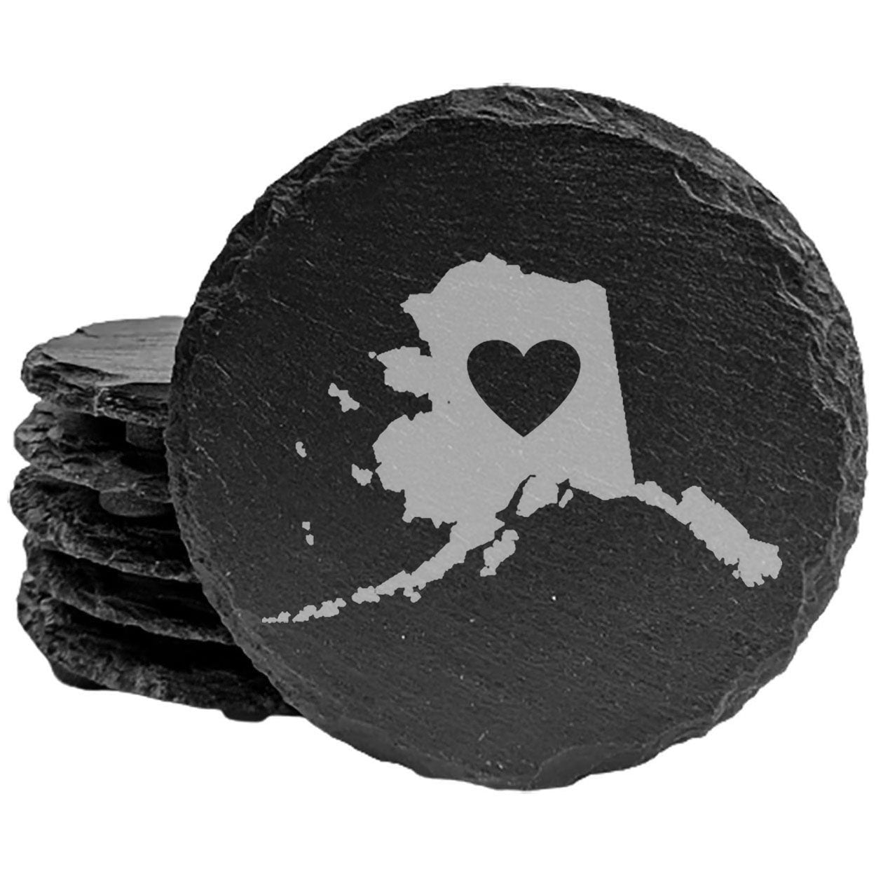 Rustic Slate Coasters Set of 4, Round 4" with Alaska Heart Design, Laser Etched, Perfect for Holidays, Birthdays, Housewarming Gifts, Made in Oregon, USA, Natural Chipped Edge, Rubber Feet