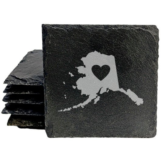 Rustic Slate Coasters Set of 4, Round 4" with Alaska Heart Design, Laser Etched, Perfect for Holidays, Birthdays, Housewarming Gifts, Made in Oregon, USA, Natural Chipped Edge, Rubber Feet