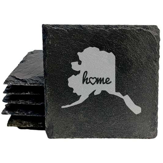 Rustic Slate Coasters Set of 4, Round 4" with Alaska 'Home' Heart Design, Perfect for Holidays, Birthdays, Housewarming Gifts, She-Shed or Man Cave, Made in Oregon, USA, Natural Chipped Edge